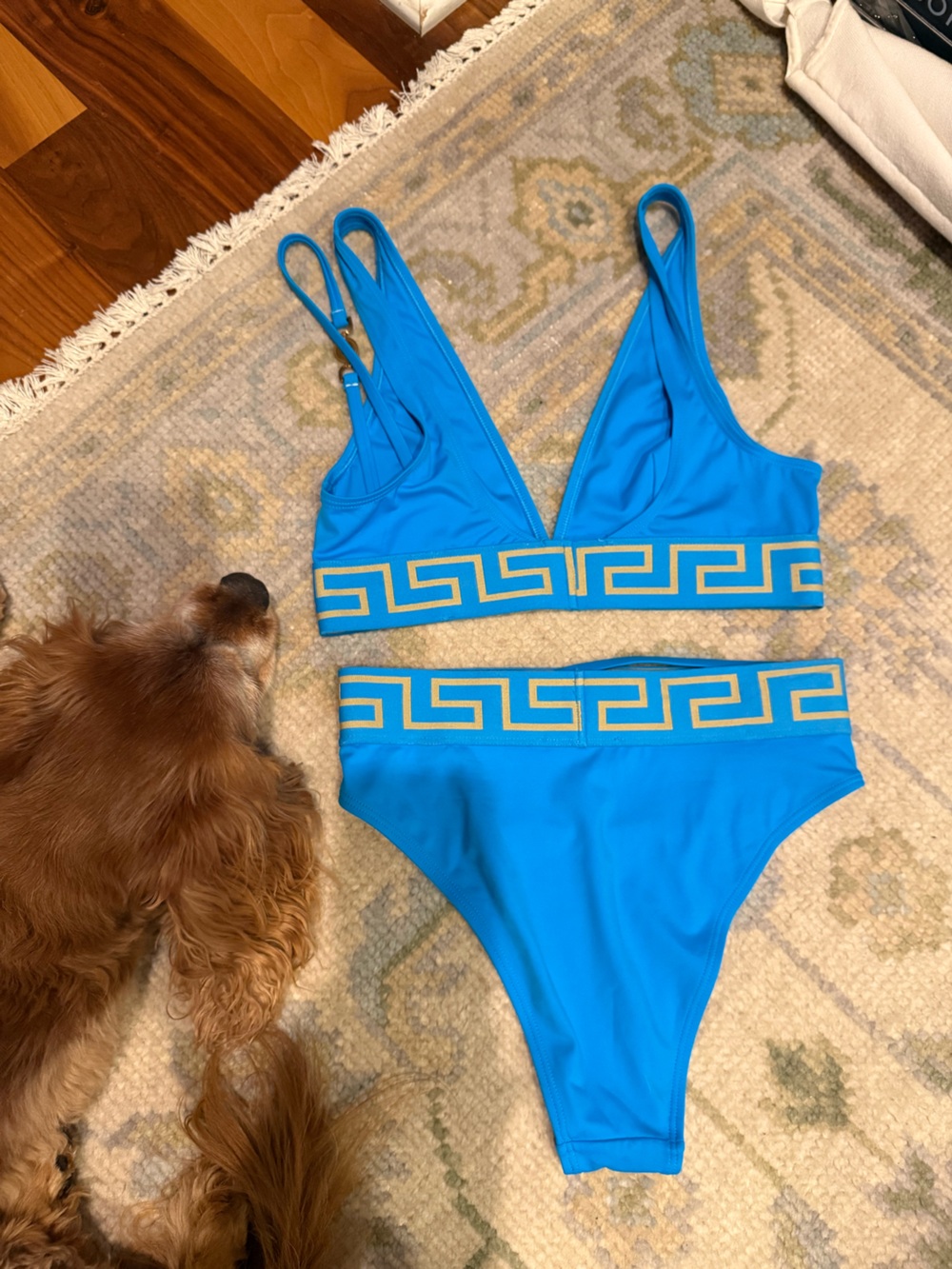 Versace Size 2 Turquoise High Rise Blue Gold-Trim Bikini Set - Picture 3 of 13